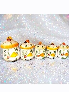 Set of 5 whimsical mushroom butterfly ceramic canisters